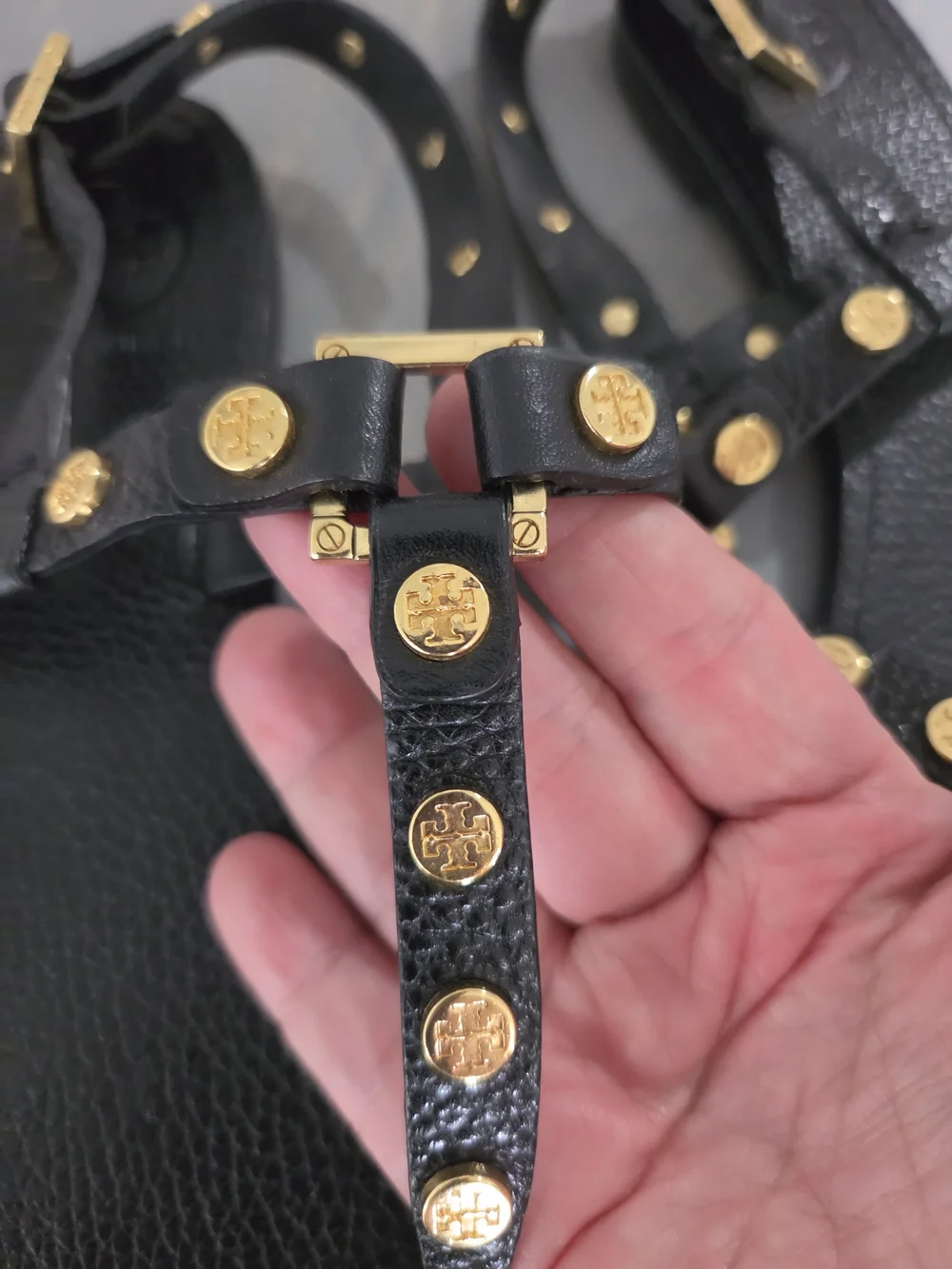 Tory BURCH Black Leather T-Strap Sandals with Gold Studs